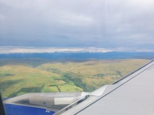Rolling hills surrounding Glasgow seen during the landing